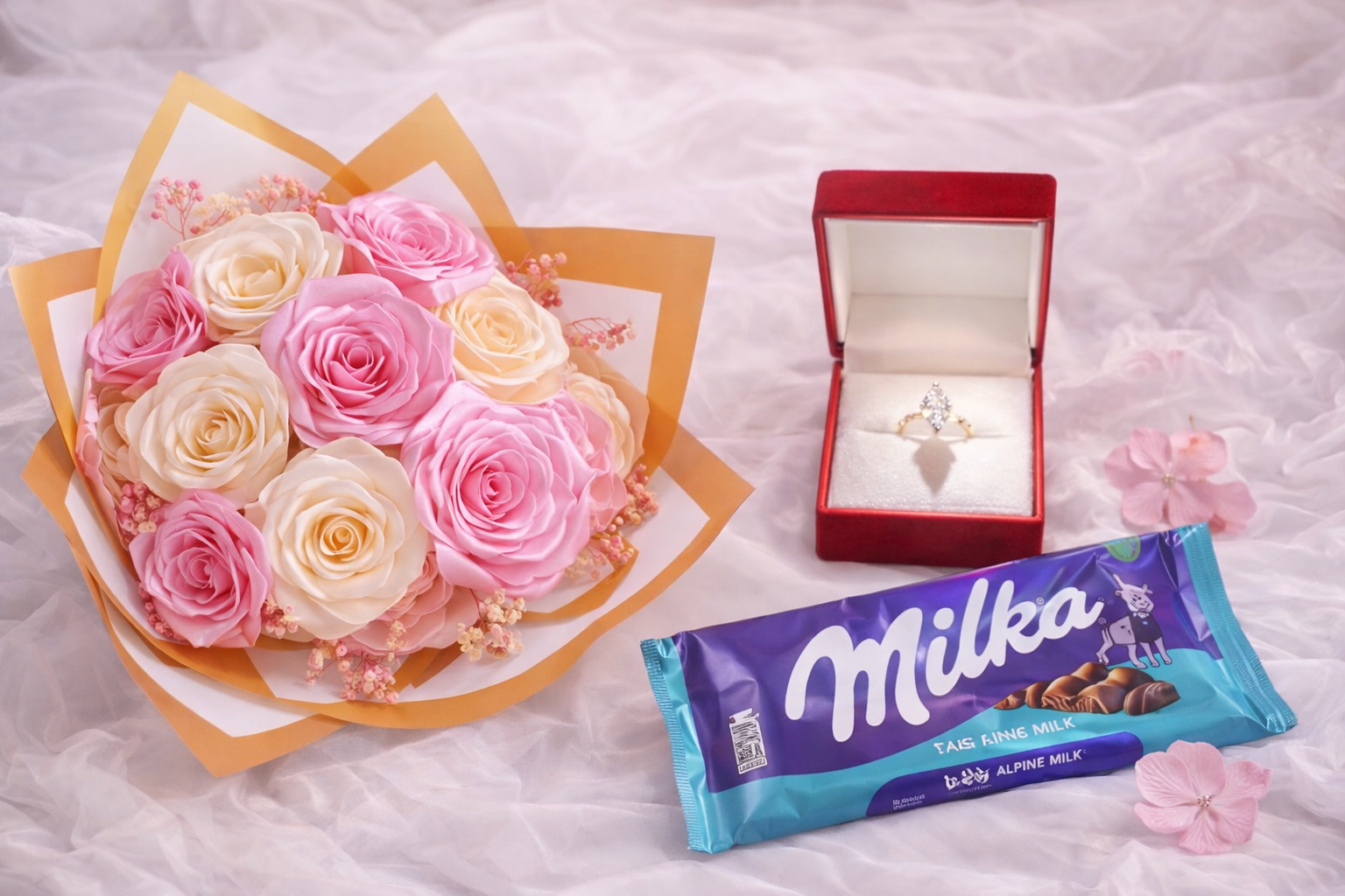 Coffret Saint-Valentin – Bague Marquise Élégance + Bouquet de Roses + Chocolat Milka
