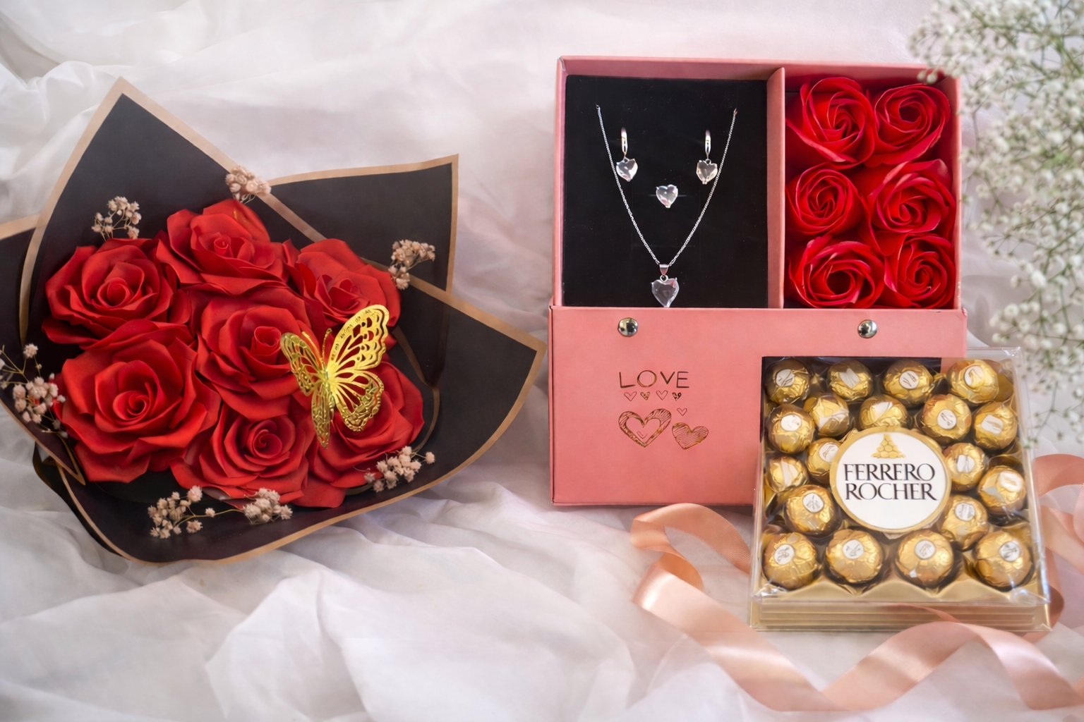 Coffret Amour Élégant – Bijoux en Argent, Bouquet de Roses & Ferrero Rocher 💝🌹🍫